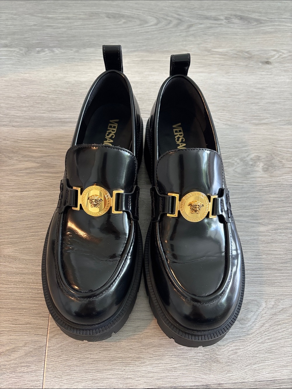 Versace Black Patent Leather Loafers with Gold Medusa Buckle size 41/11